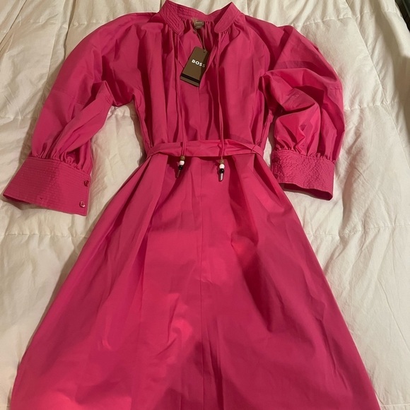 BOSS Dapera Long Sleeve Cotton Blend Dress in Flamingo - Picture 5 of 9